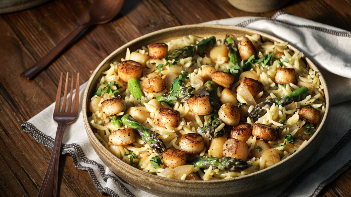 Creamy Scallop Orzo with Asparagus and Parmesan True North Seafood